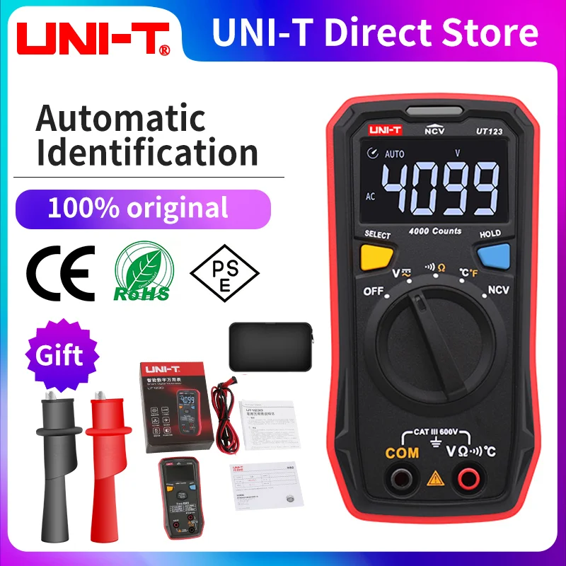 

UNI-T UT123 Digital MultimeterAC DC Voltage meter Resistance(Ohm) Temperatue tester;NCV/Continuity Test/EBTN Color Screen