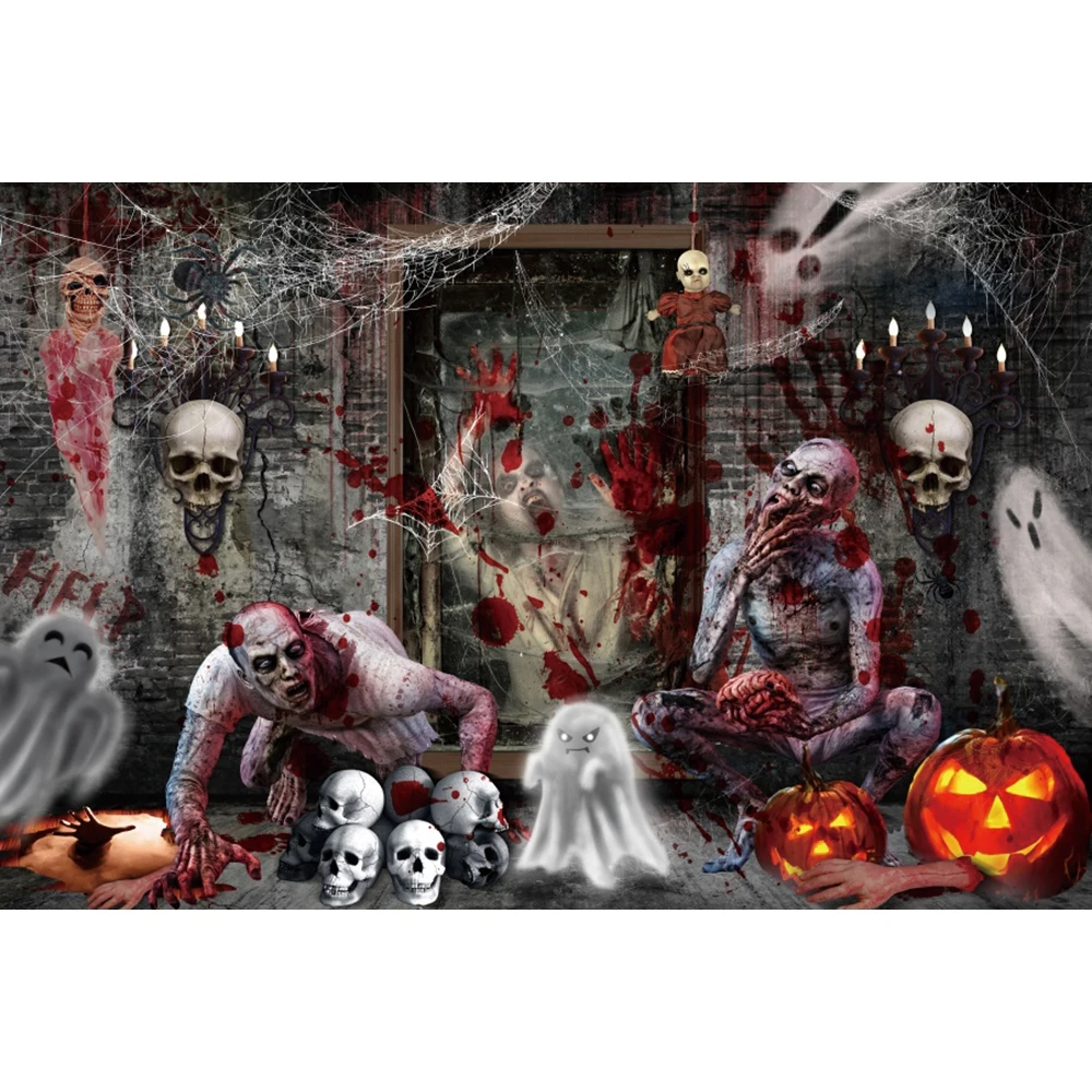 Toile de fond de photographie d'horreur d'Halloween, nuit, lune, empreinte de main sanglante, crâne de cimetière effrayant, décor de fond de photo de fête