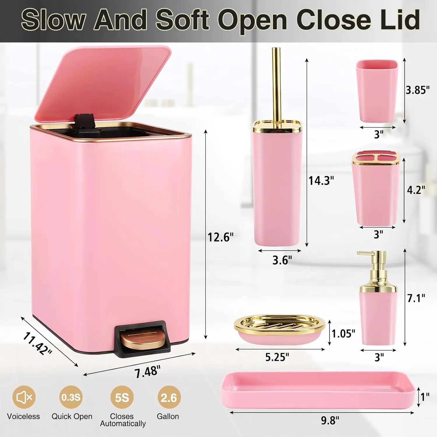 طقم إكسسوارات الحمام الوردي مكون من 8 قطع طقم حمام وردي وذهبي، أطقم حمام مع سلة مهملات من الفولاذ المقاوم للصدأ، فرشاة تواليت، جديد #1