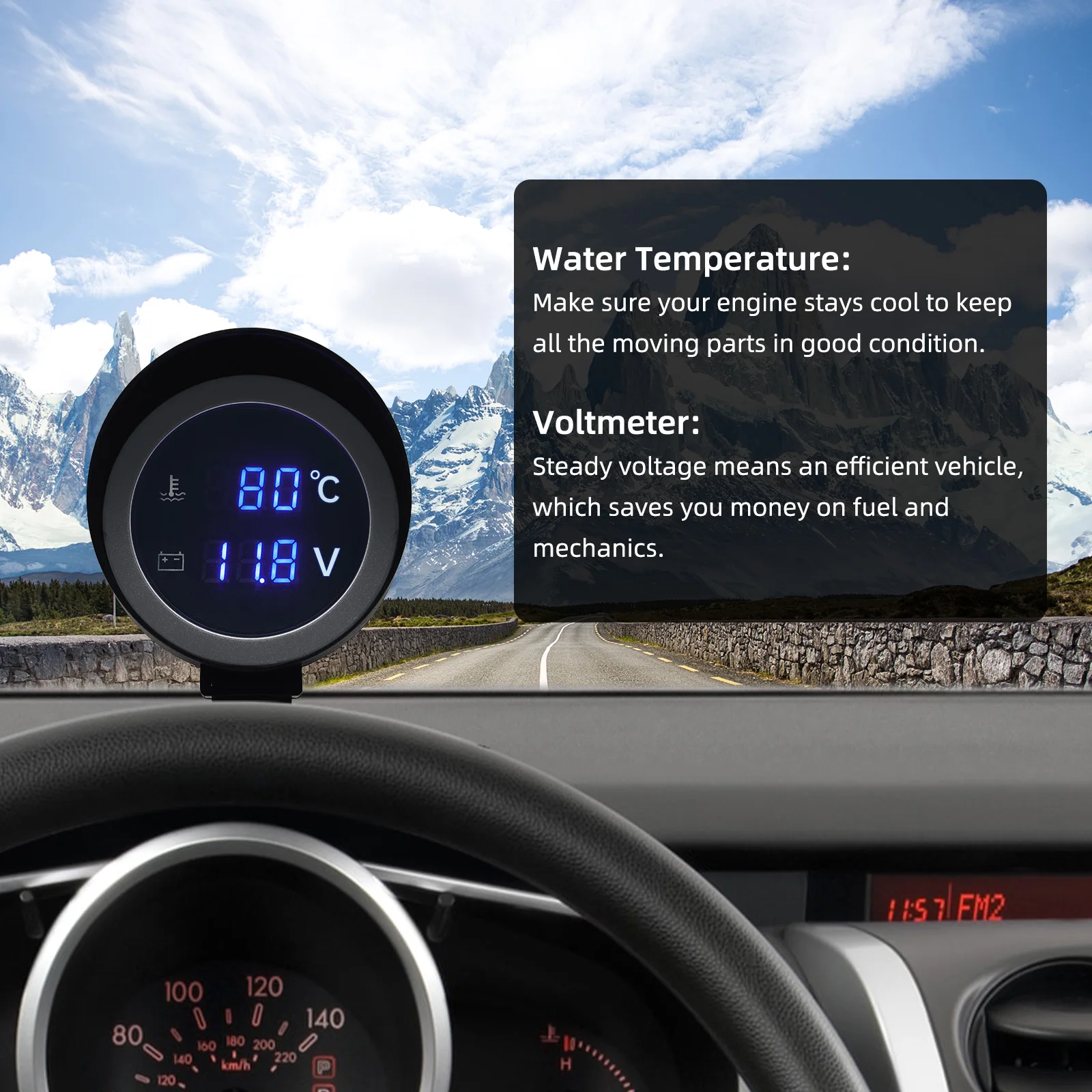 Carro Digital Medidor de Temperatura da Água e Voltímetro com Sensor, 2 em 1 LCD, acessórios do carro Horizontal, 12V, 24V