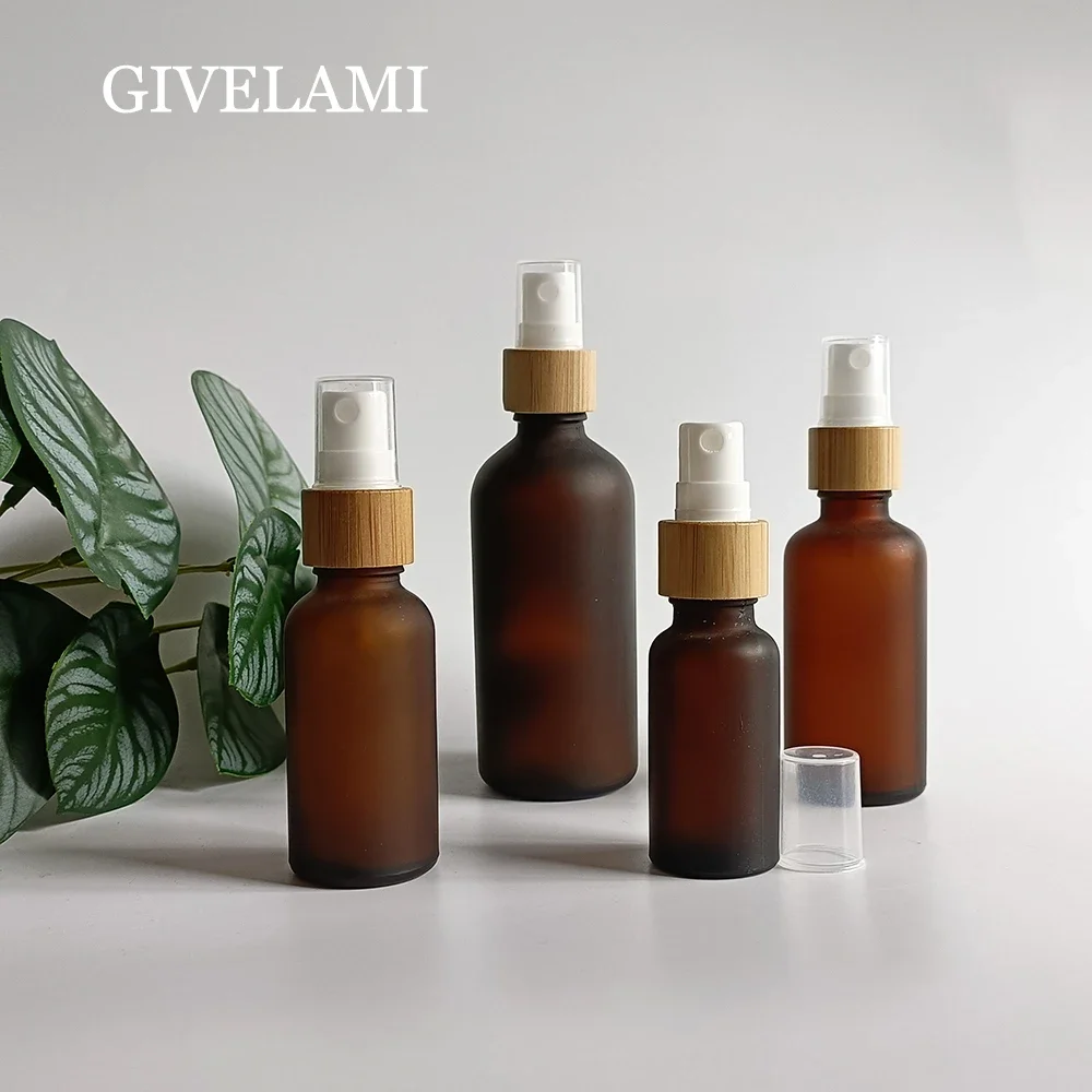 Hot selling 5ml 10ml 15ml 20ml 30ml 50ml 100ml matte amber glass spray bottle with bamboo wooden spray mist cap