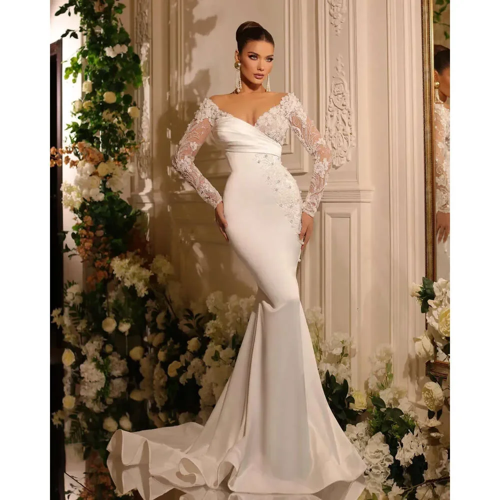 Stylish Luxury Mermaid Wedding Dress Sleeves Elegant V-Neck Long Lace Pearl Detachable Train Court Dress Customized Plus Size