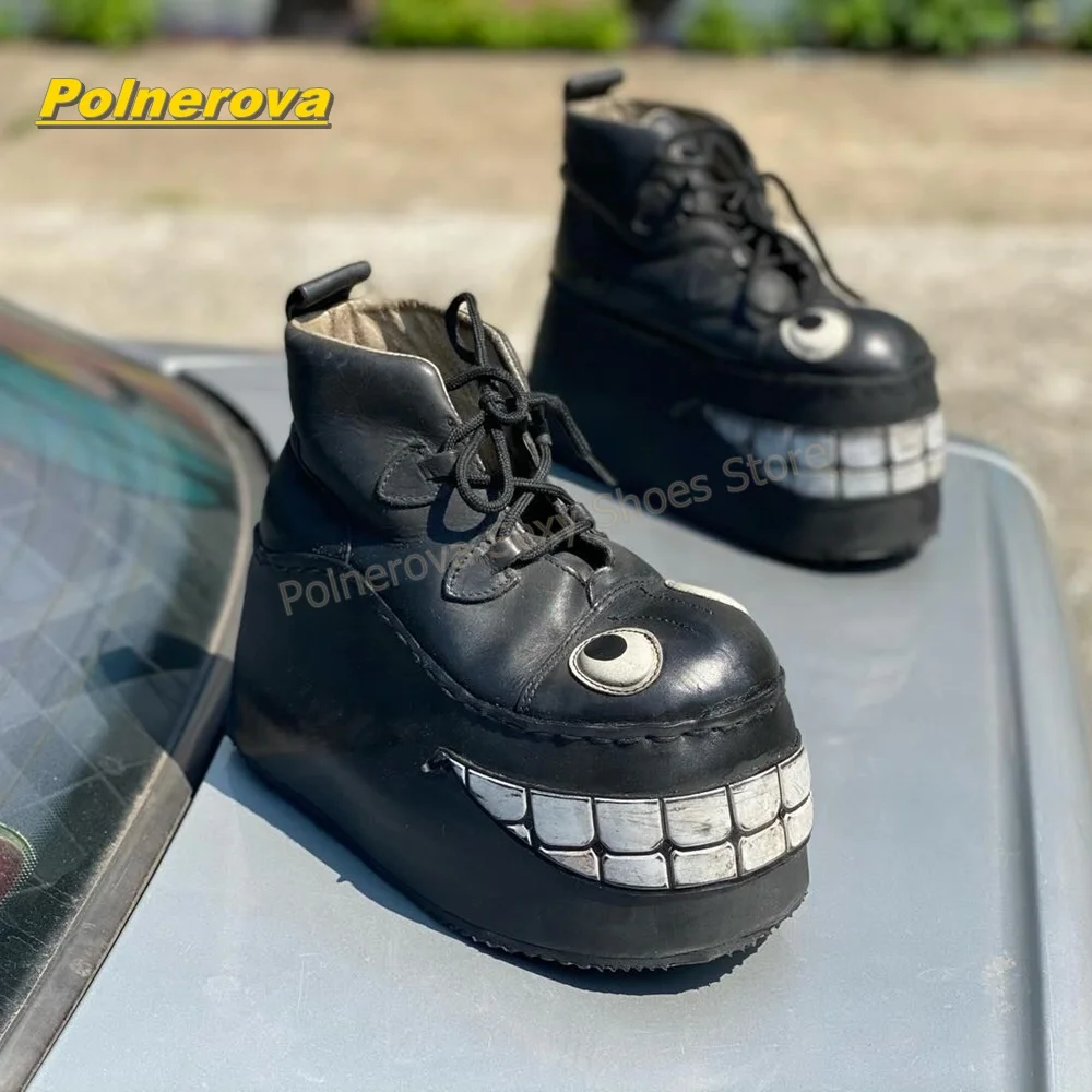Y2K Punk Platform Ankle Booties Cartoon Monster Eye Grin Tooth Decor Lace Up Round Toe Wedge Street Style Pumps 2026 New Trend