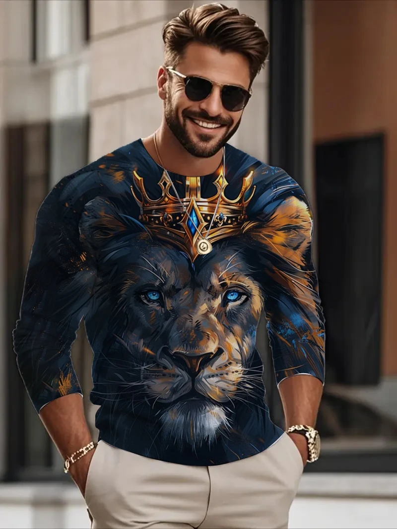 

Fashion Lion Pattern Autumn Men's Long-Sleeved T-shirt New Casual O-Neck Pullover Tops Funny 3D Animal Print Tees Unisex Clothes
