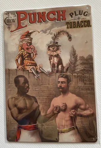 1e,Vintage 1800s Tobacco Metal sign Advertising Punch Plug Chew Boxing Scene New