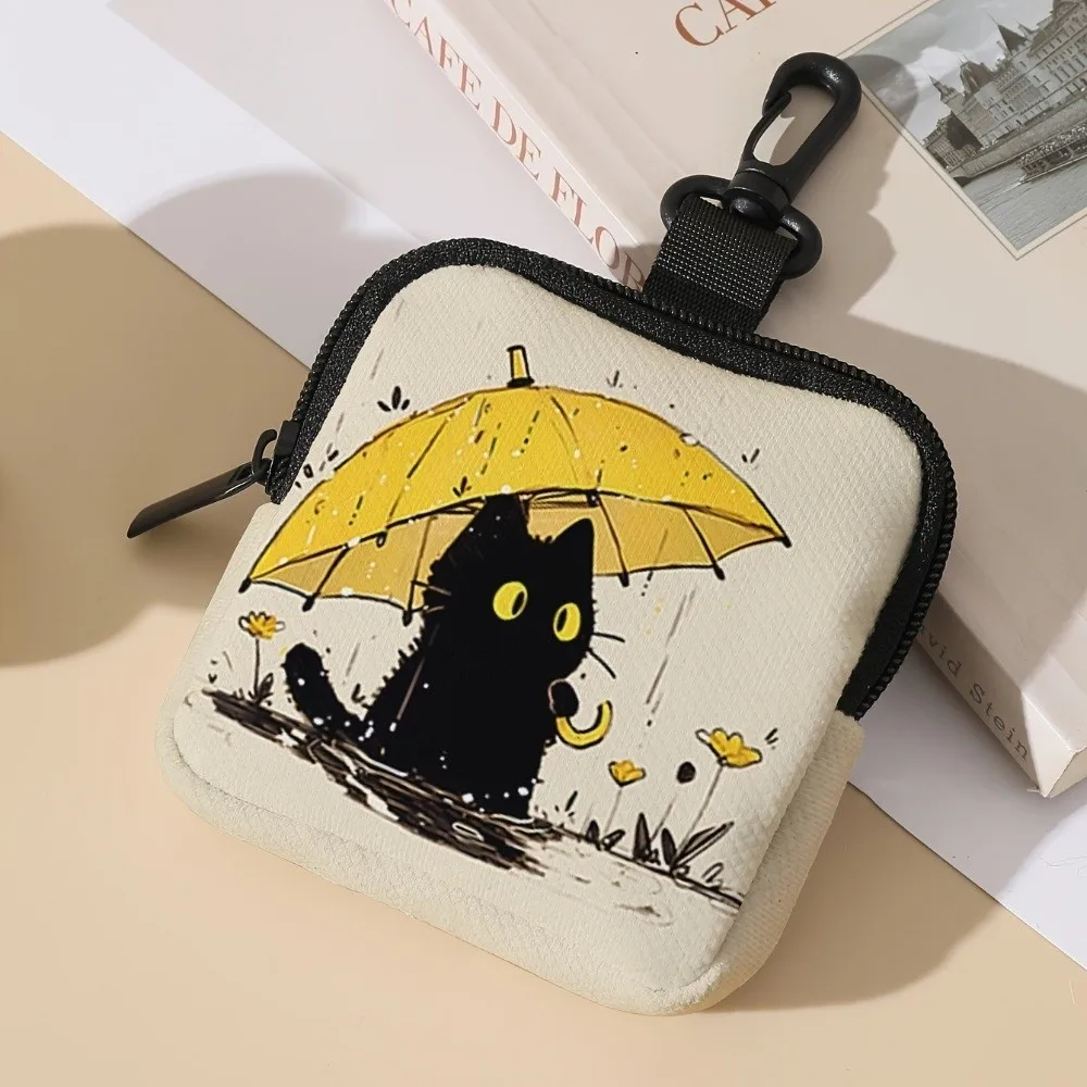 Durable Mini Coin Purse Cat Print Artificial Leather Earphone Bag Waterproof Lightweight Wallet Friends Gift