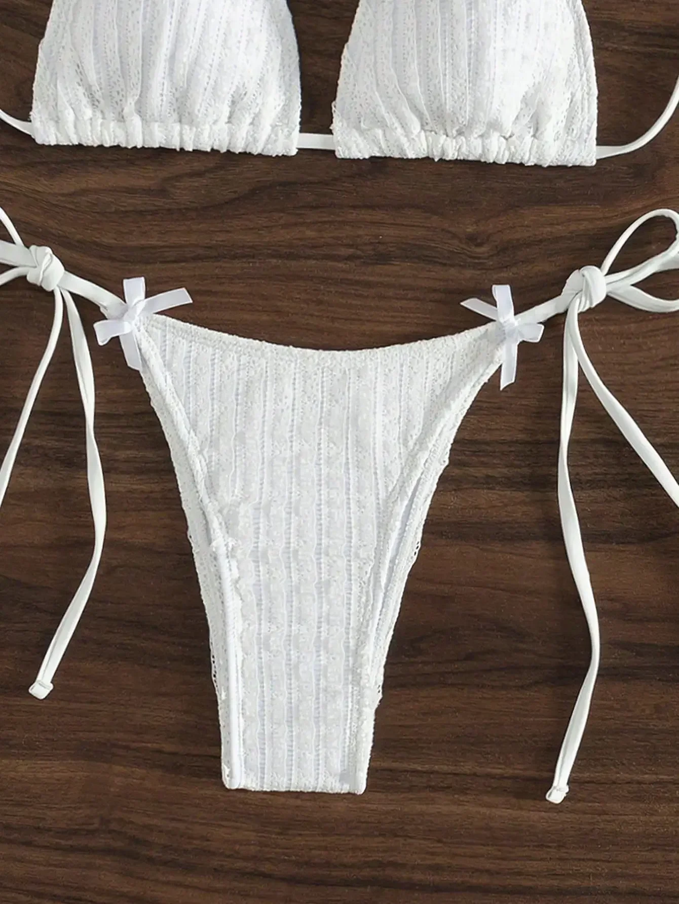 2025 New Solid Color White 2 Piece Swimsuit Sexy Bow Triangle Halter Backless Bikini Set Lace-up Thong Bathing Suit Swimwear