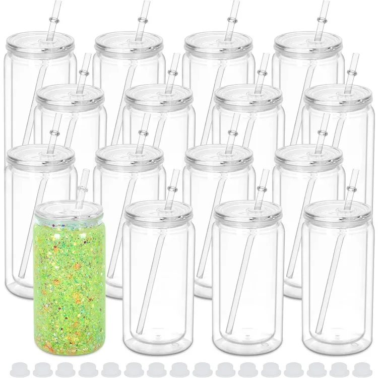 16 oz Plastic Snow Globe Tumbler, 16 Pack Double Wall Snowglobe Tumbler with Pre Drilled Hole