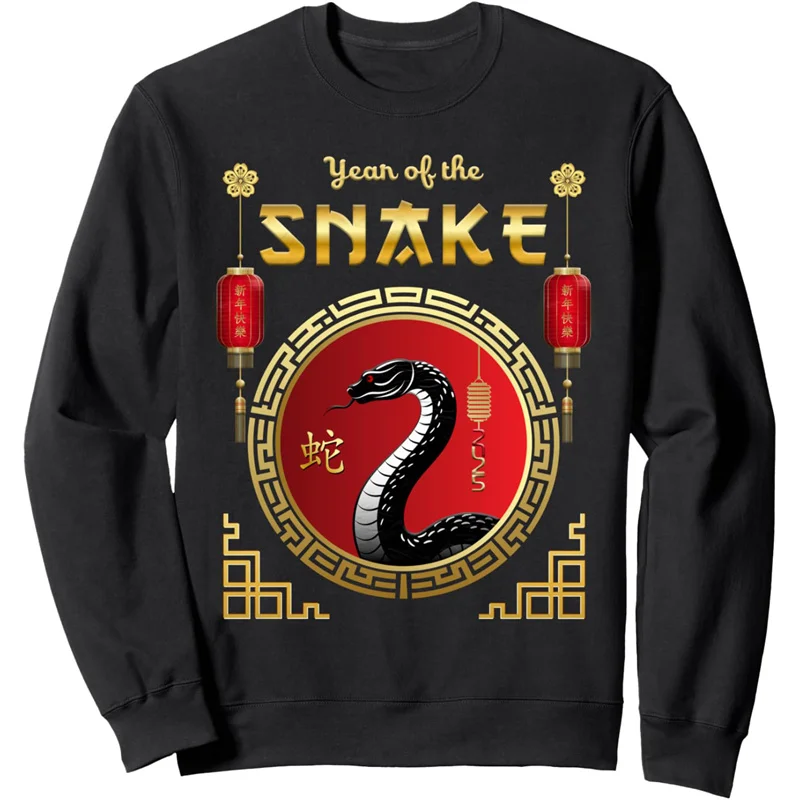 3D Printed Happy New Year 2025 Hoodie For Men Year of the Snake Pattern Sweatshirt Spring Autumn Casual Long Sleeves O-Neck Tops