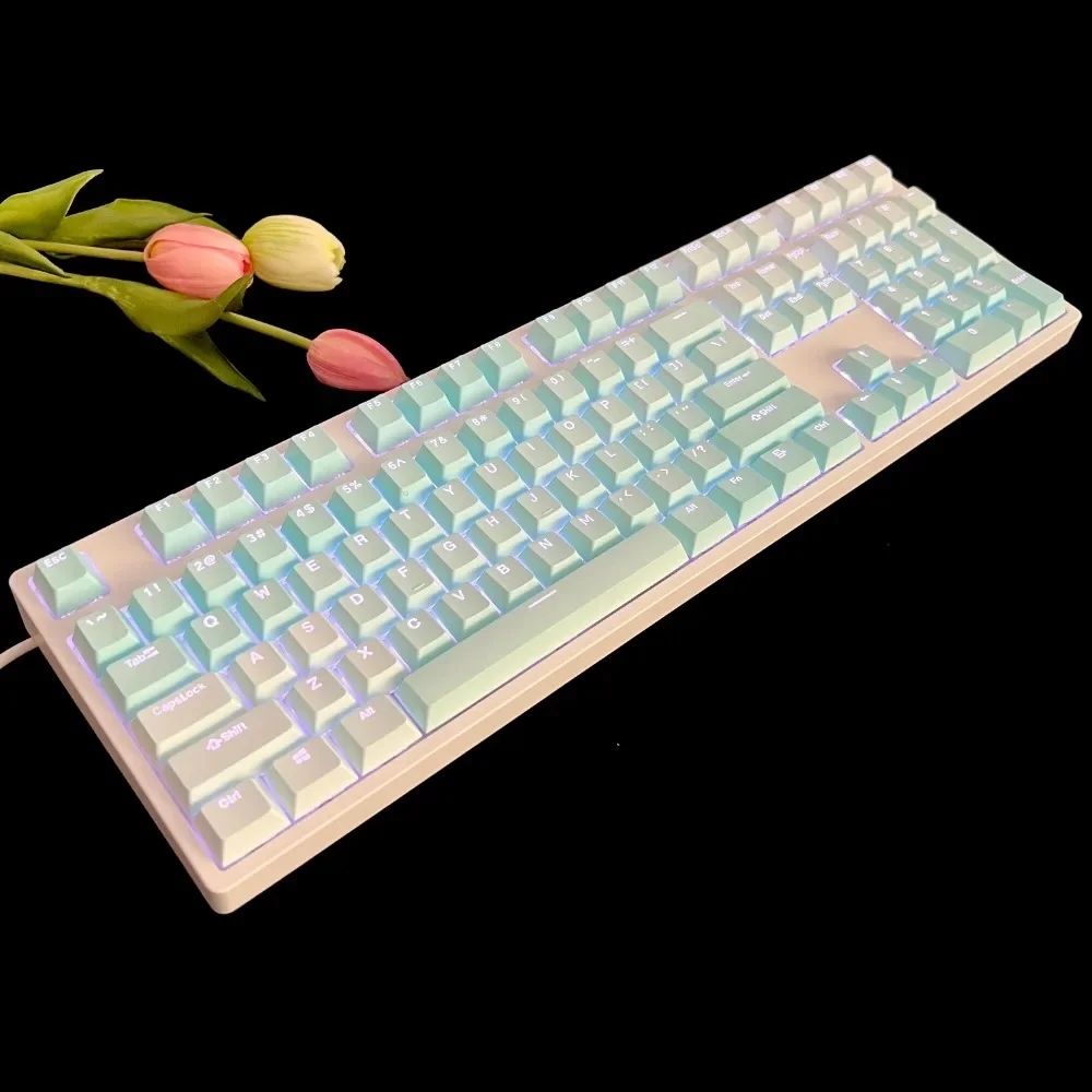 108 keys, pink mint, transparent keycap PBT material, cherry, shape keycap, suitable for MX switch gaming mechanical keyboard