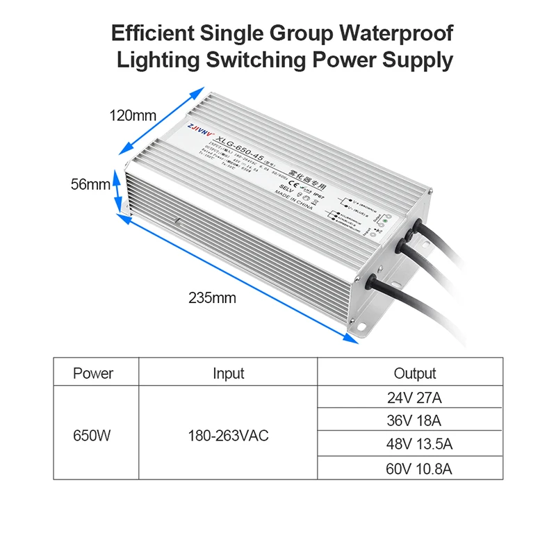 650W Power Supply Adapter LED Strip Switch Driver Waterproof IP67 Lighting Transformer AC 220V to DC 24V 36V 45V 48V XLG-650