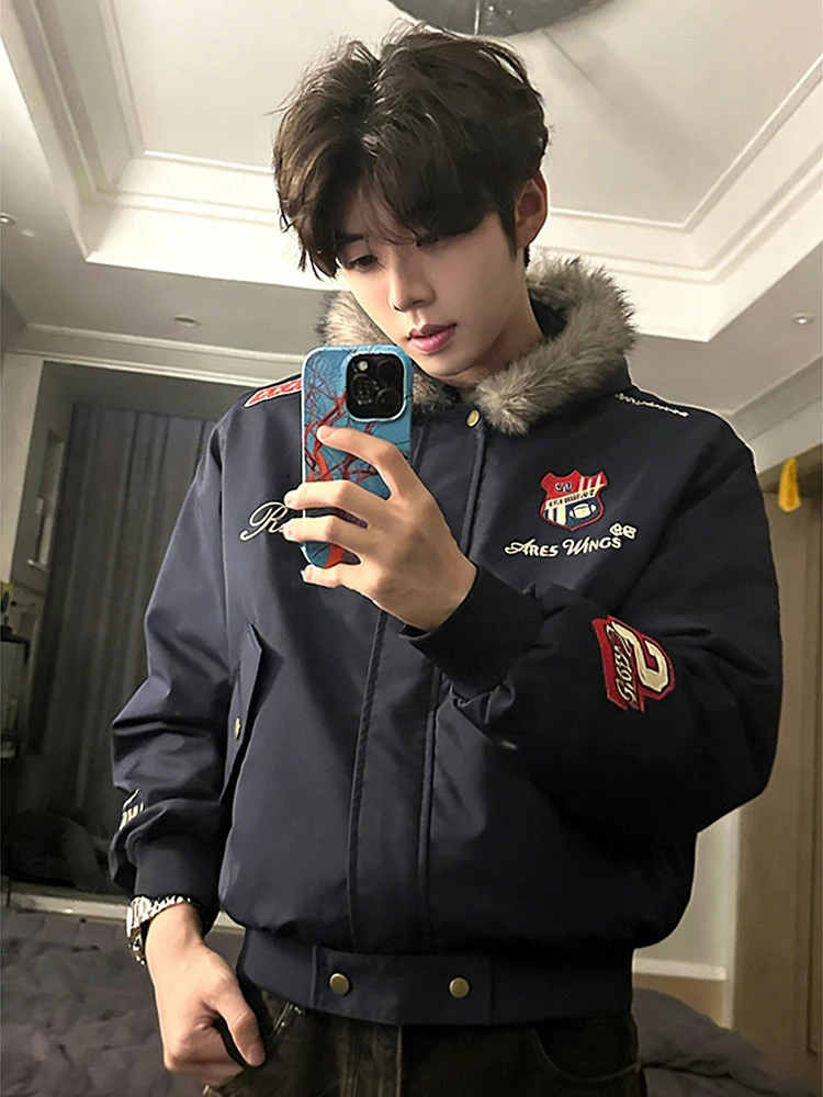 

Мужская короткая пуховая куртка синего цвета с меховым воротником, вышивкой, износостойкая, модная, теплая, из полиэфирного волокна, рабочая одежда в американском стиле