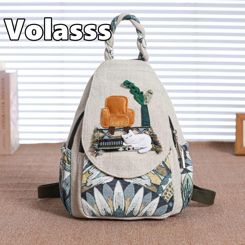 VOLASSS New Lightweight Canvas Backpack For Women Casual Cat Print Travel Shoulder Bag Large Capacity Student Schoolbags Handbag