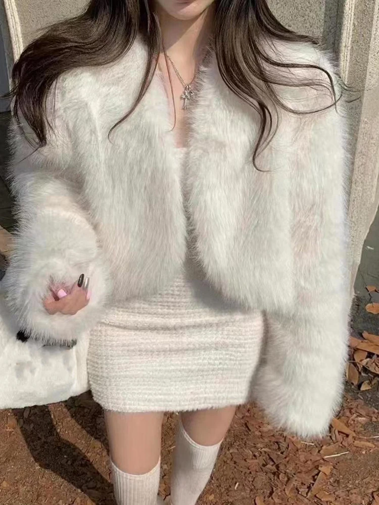 Осеннее укороченное пальто из искусственного меха для женщин Y2K Модная уличная одежда с круглым вырезом Пушистая короткая куртка Корейский элегантный кардиган Парка из искусственного лисьего меха