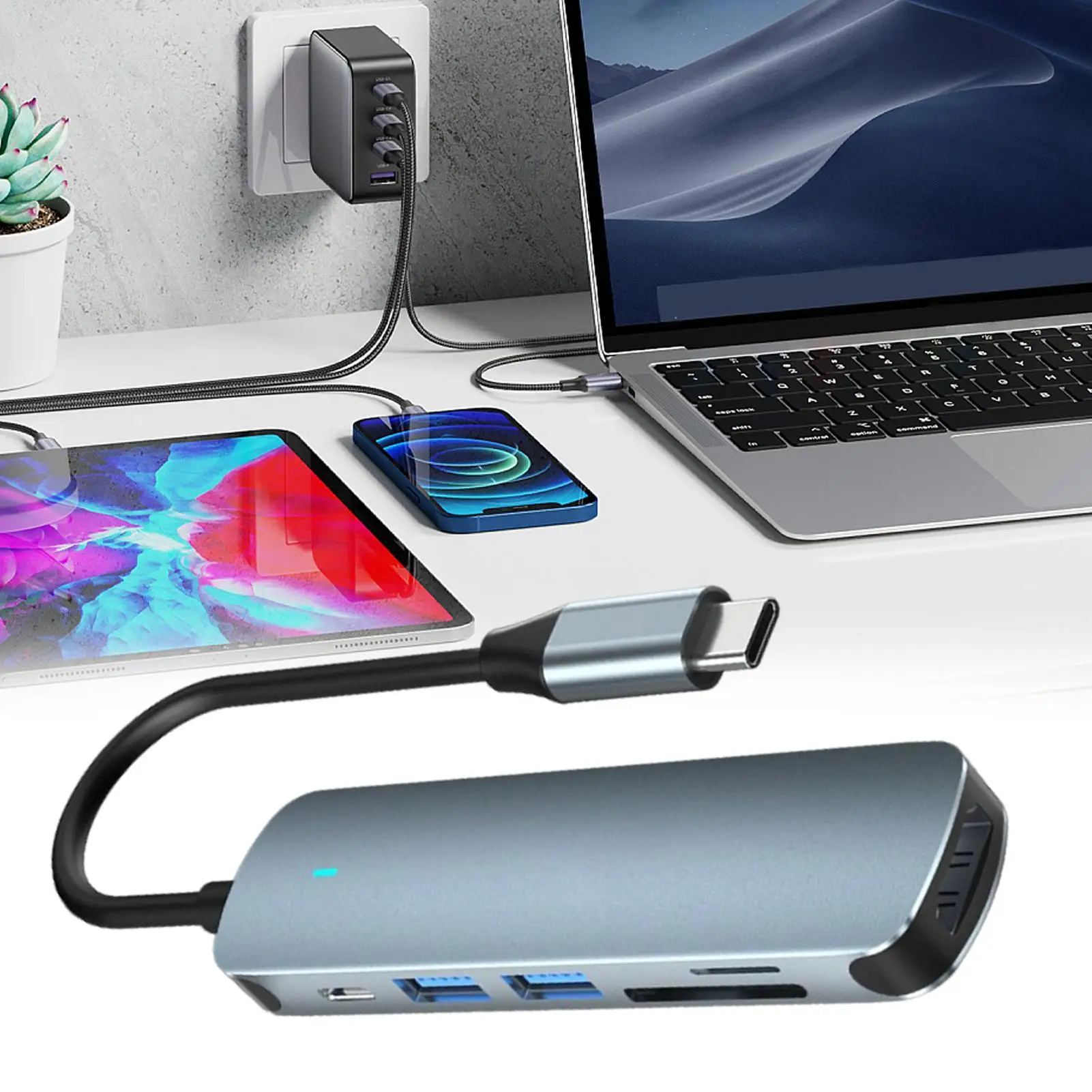 

Концентратор USB C Многопортовый адаптер-концентратор USB C Портативный адаптер передачи данных 6-в-1 для деловых встреч Содержание домашнего офиса
