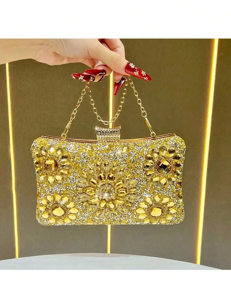 

Elegant Golden Sunflower Crystal Clutch With Chain Strap For Bridal, Prom, Formal Dinner And Gala Events