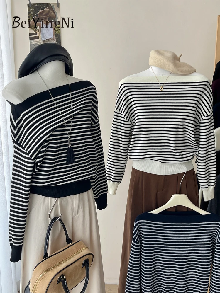 

Beiyingni Elegant Slash Neck Sweater Women French Casual Off Shoulder Leisure Korean Striped Pullover Female All-match Sweaters