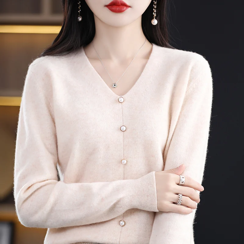 

Women Sweater 2023 Spring Autumn New Fashion Casual 100% Wool V-Neck Sweater Female Warm Soft Loose Long Sleeve Knitted Pullover