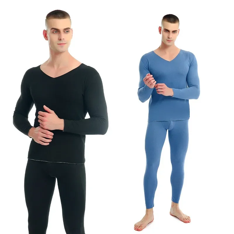 Thermal Underwear Set Winter Mens Soft Pajamas Keep Warm Solid Tops Pants Fleece Thermal Shirt Thick Long Johns Top Bottom Set