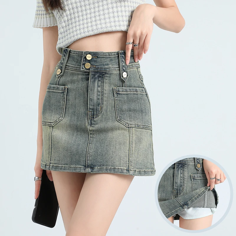

2026 Women's High Waist Denim Skirt Sexy A-line Mini Skirt Anti-Exposure Vintage Slim Fit Hip-Hugging Streetwear Fashion Skirt