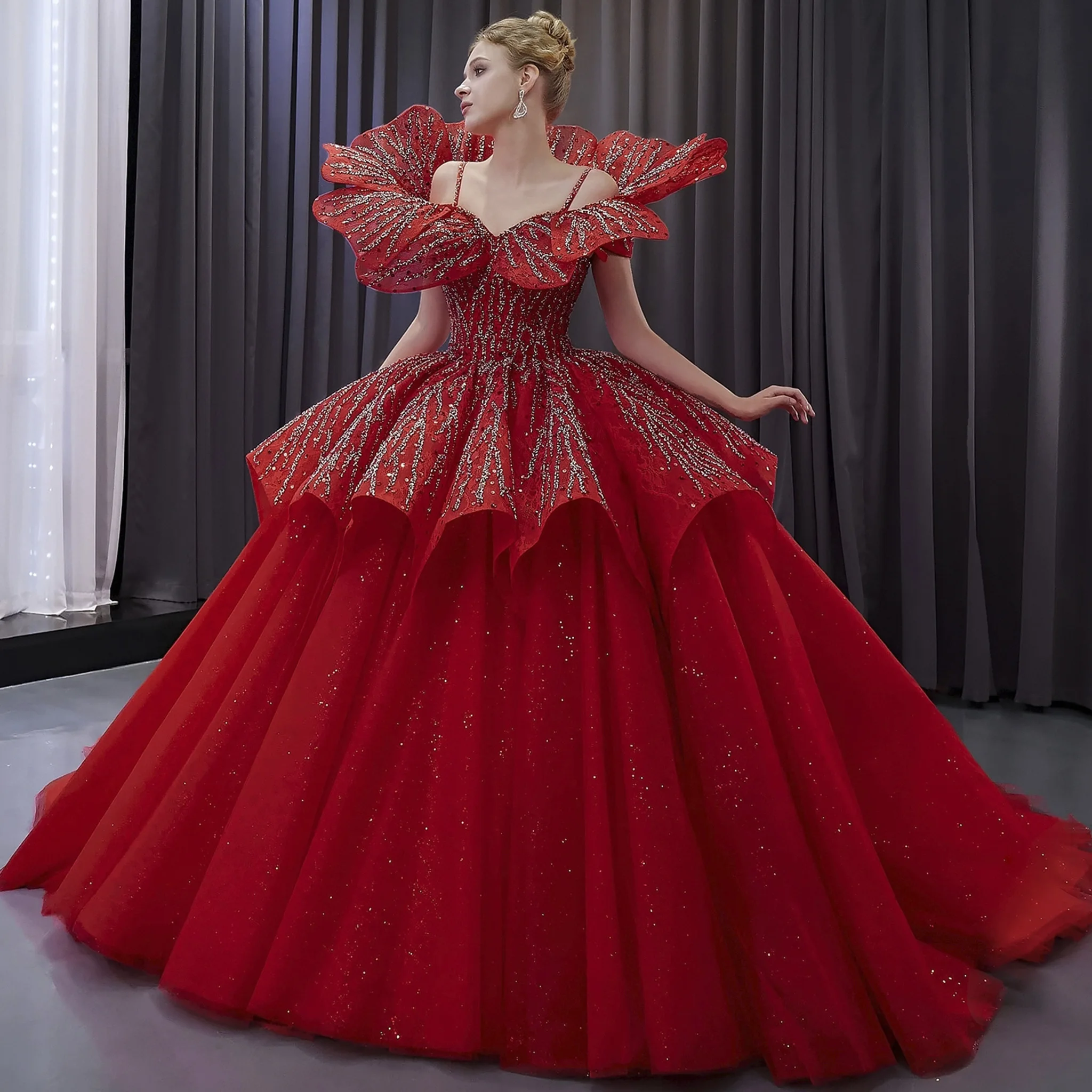 Rosymae Convertible Glitter Red Ball Gown Wedding Dress Elegantly Backless with Spaghetti Straps Capped Sleeves Handmade Beading