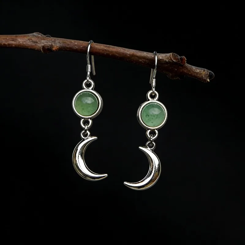 Personalidade criativa prata cor lua brincos requintado redondo incrustado pedra verde brincos de gota para mulher jóias de noivado