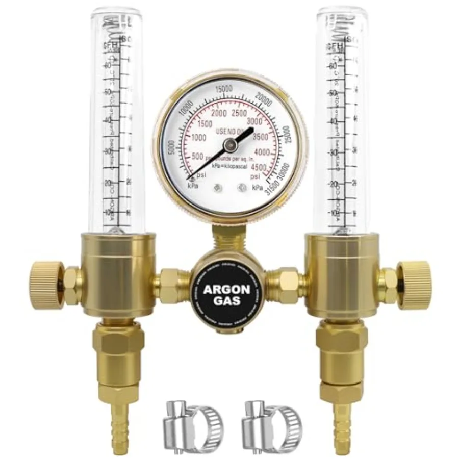 

Dual Output Argon/CO2 Regulater Flowmeter for TIG MIG Welder 60 SFCH - CGA 580 Inlet Connection and 5/8" - 18RH Outlet Fitting
