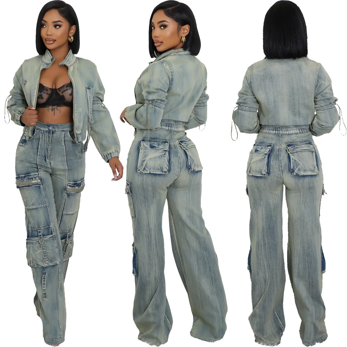 Women\'S Set Autumn Winter Fashion Stretch Denim Crop Jacket And Pocket Jeans Cargo Pants Casual Denim Suit Womens Two Piece Sets