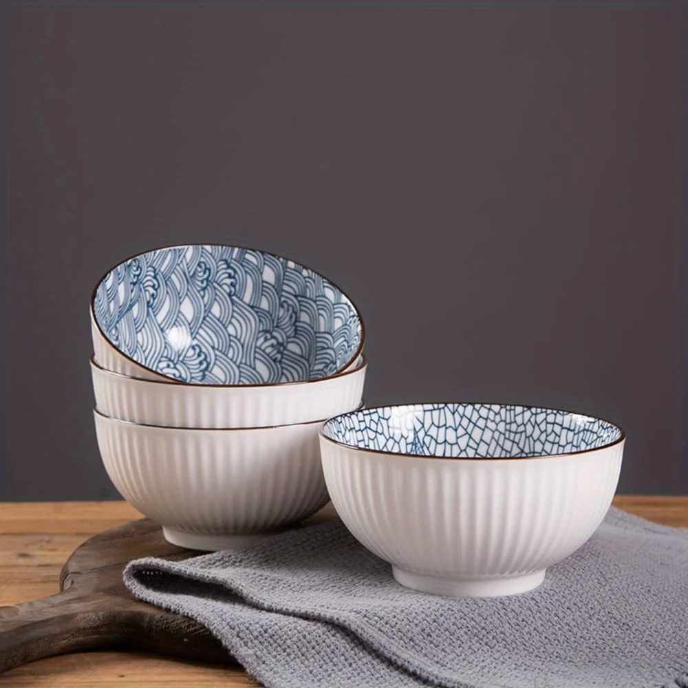 Japanese Style Blue and White Ceramic Bowl Microwave Safe Porcelain Rice Bowl for Home Kitchen