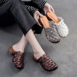 Birkuir Woven Hollow Out Slippers For Women Closed Toe Genuine Leather Slip On 3.5cm Thick Heel Luxury Round Toe Outdoor Slides