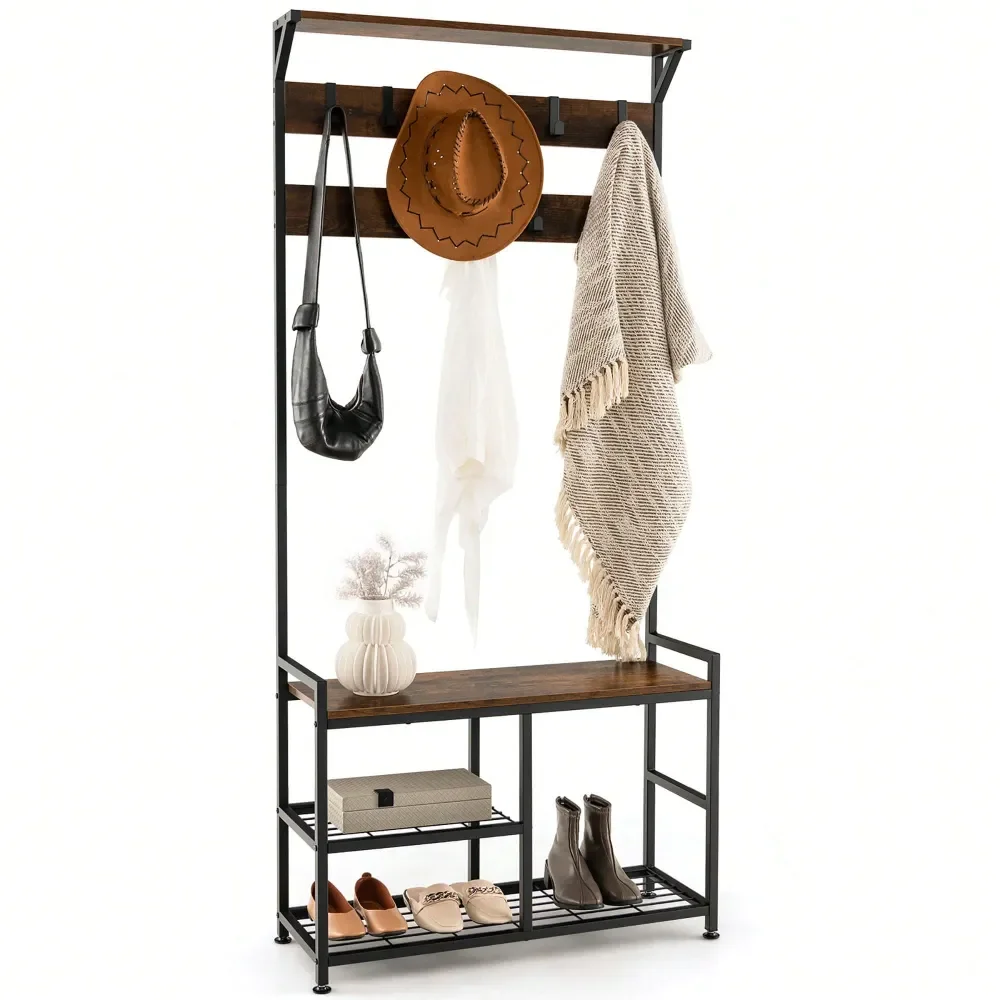 

72 Freestanding Hall Tree 4In1 Coat Rack Shoe Bench W Top Shelf 9 Removable Hooks