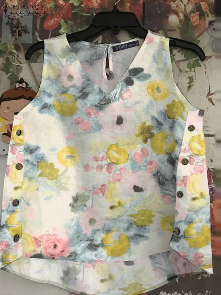 

Топ ZANZEA женский с V-образным вырезом, винтажная Повседневная Свободная майка-трапеция без рукавов, с цветочным принтом, праздничная рубашка, лето 2024