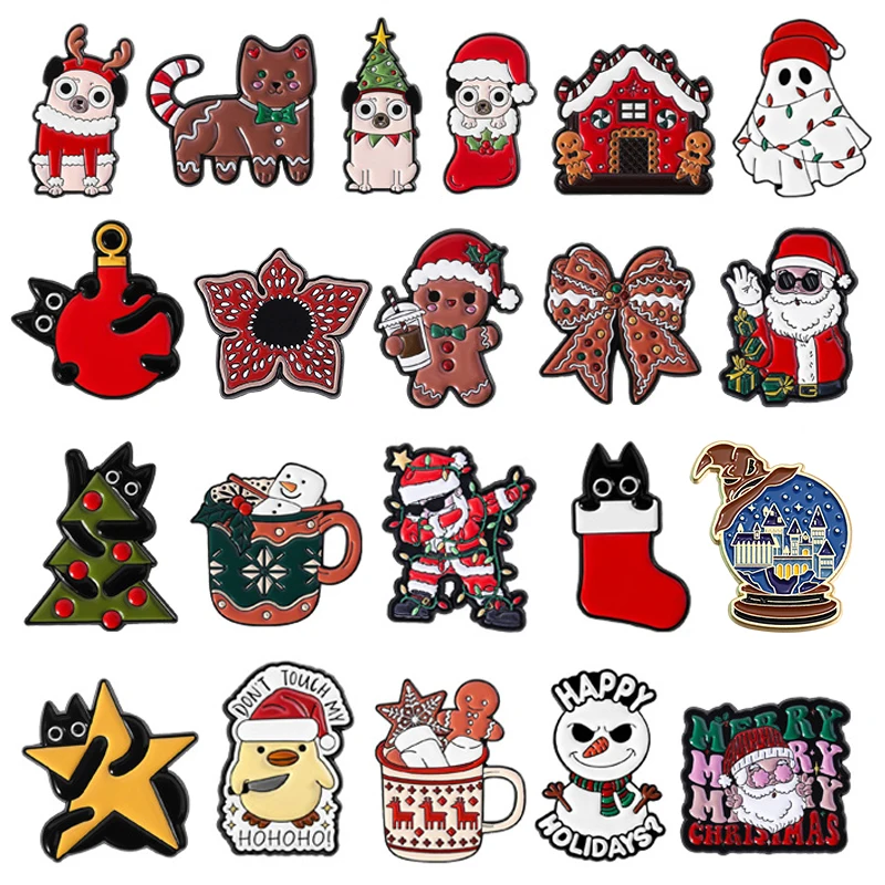 Merry Christmas Enamel Pins Gingerbread Cookies Santa Claus Snowman Magic Crystal Ball Brooches Lapel Badge Party Jewelry Gifts