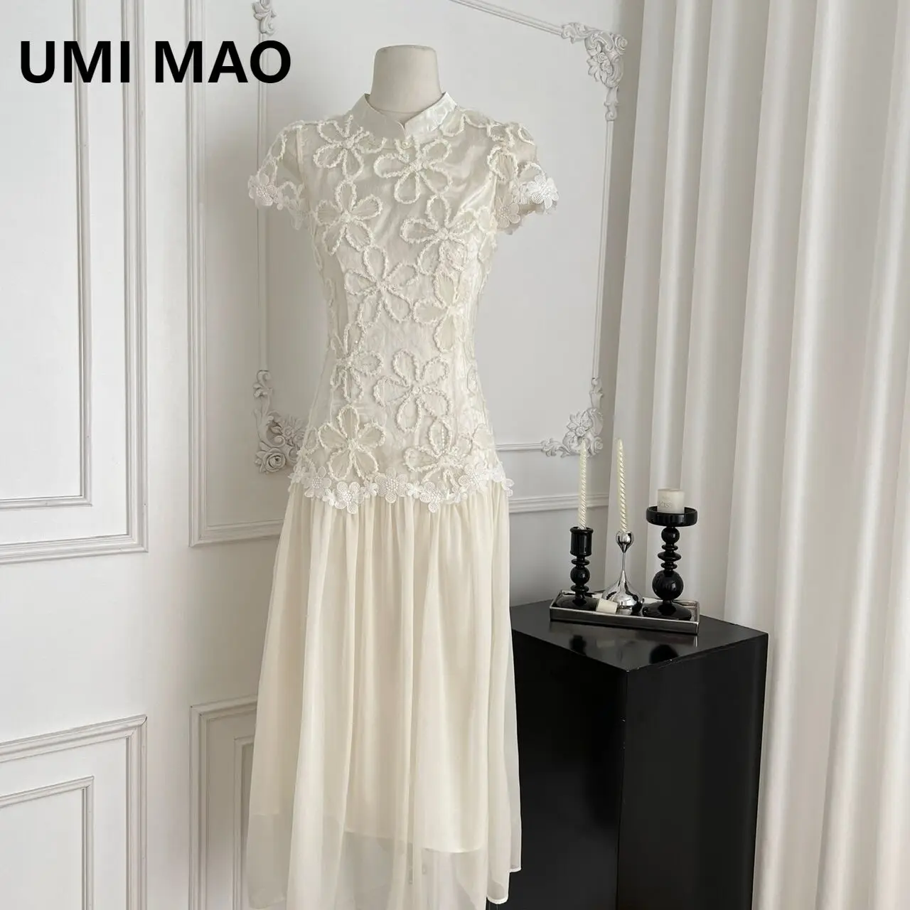 Uui mao vestido transparente francês branco nevado para mulheres verão passeio novo estilo chinês vestido cheongsam de renda