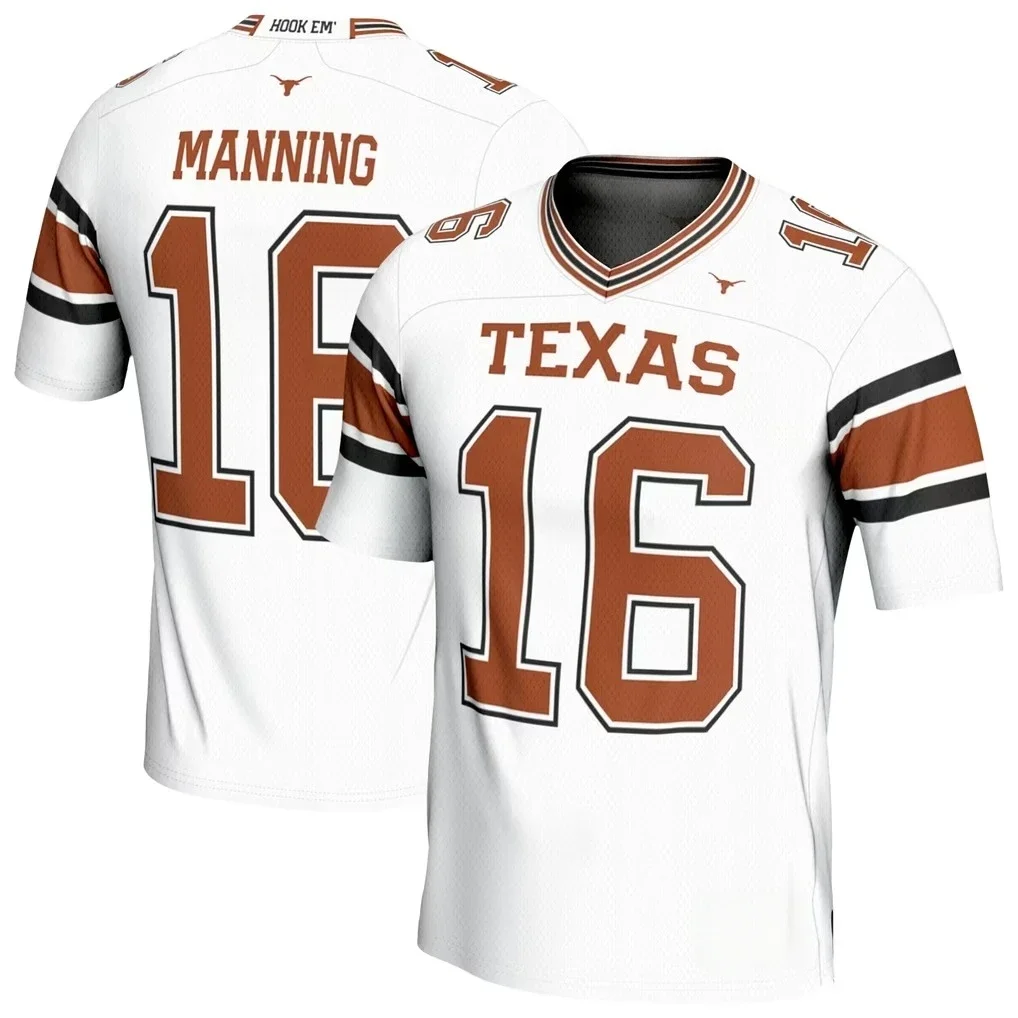 Texas Longhorns 16# Manning Unisex Rugby Jersey, 3D Print Mesh Breathable Football Jersey, 2026 Men Oversize Quick Drying Shirt