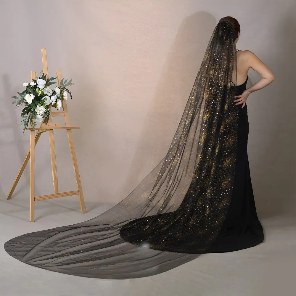 European American Ultra Edgy Black Sequin Glitter Gold Fleck Long Cathedral Train Veil Bridal Veil Party Decor
