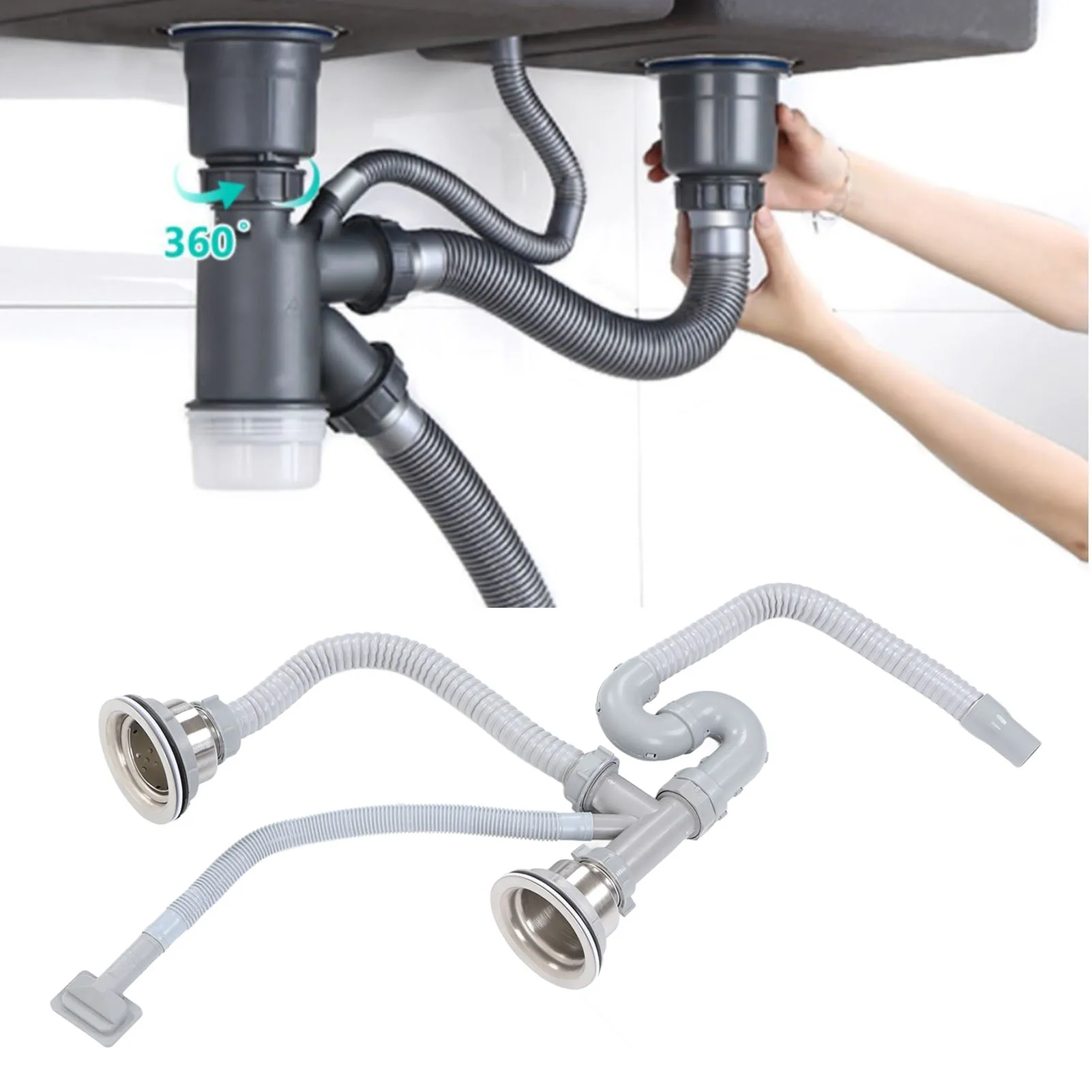 

Kitchen Sink Drainer Pipe Stainless Steel S Bent with Double Drains Sewer Pipe Set for Bathroom Home