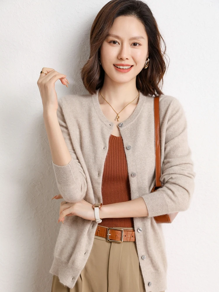

Feminine Cardigan Casual 2025 Women's Autumn Winter O-Neck Simple Elegant 100% Cashmere Sweater Warm Soft Solid Clothing Tops