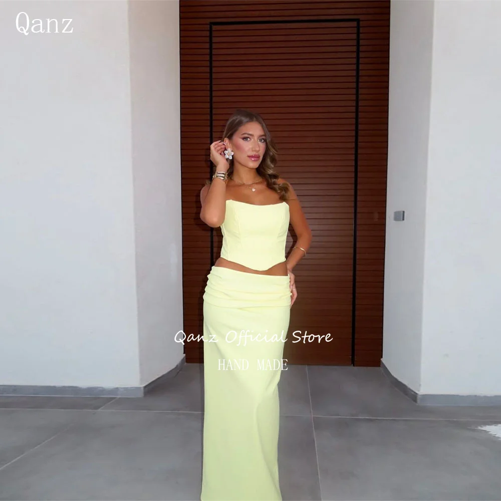 

Qanz Banana Yellow Satin Prom Dresses Sexy Mermaid 2 Pieces Vestidos De Boda Para Fiestas Strapless Evening Gown Customized