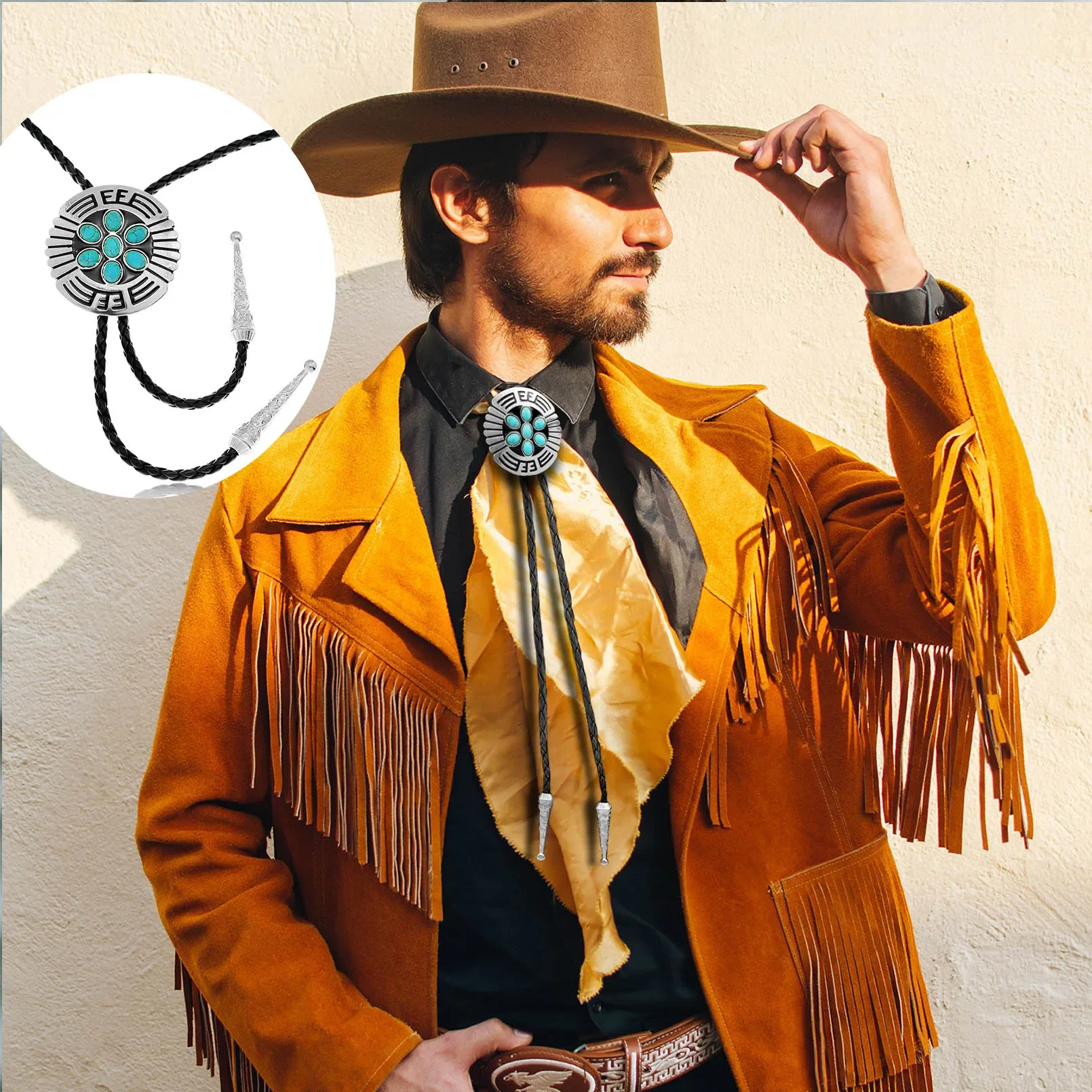 Western Cowboy Men Women Accessory Trendy Bolo Tie Popular Accessories Dance Necktie Retro Green Stone Beads Pendant Ornaments