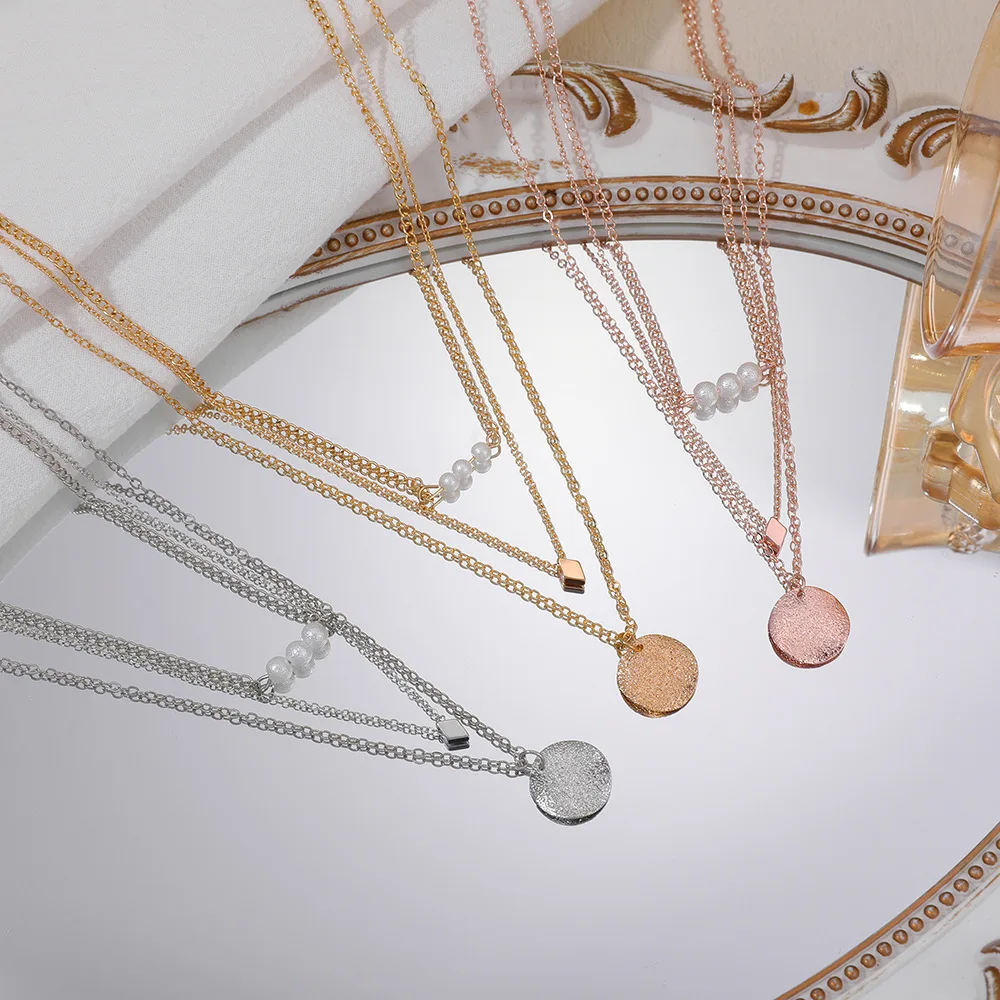 3 Tone Gold Rose Gold Silver Plated Alloy Layered Pearl Hammered Round Disc Pendant Necklace for Women Daily Jewelry Gift