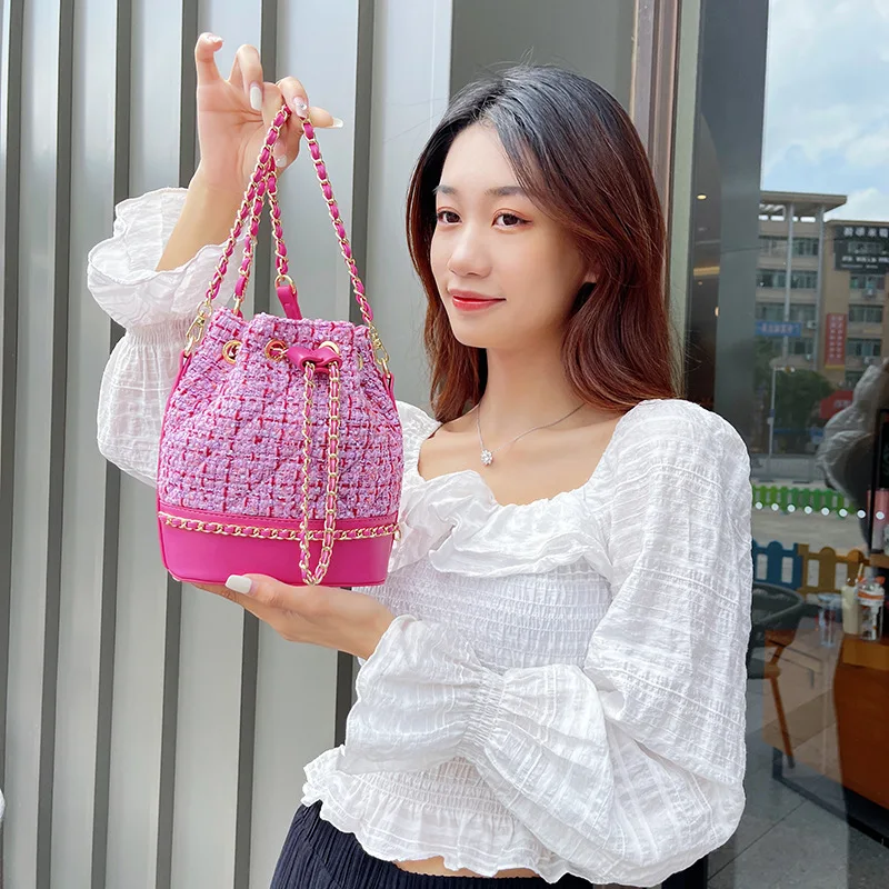 Luxury Designer Handbag New Style Tweed Bucket Bag Women\'s Version of the Rhombus Chain Bag One Shoulder Cross-shoulder Purse