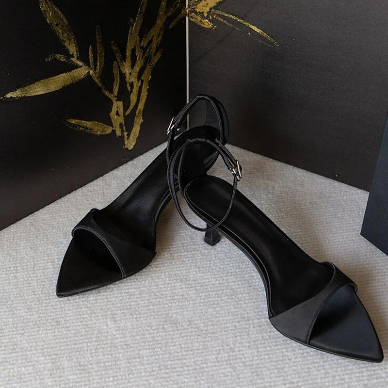 Sexy One Word Band Black Pointed Toe Thin High Heels Sandals Women 2024 Summer Silk Satin Ankle Strappy Elegant Lady Party Shoes