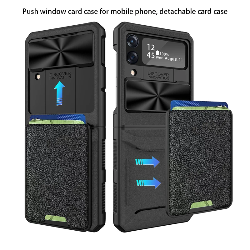 

Luxury Folding Flip Card Bag Push Window Phone Case For Samsung Galaxy Z Flip 4 Card Bag Detachable Lens Protection Case