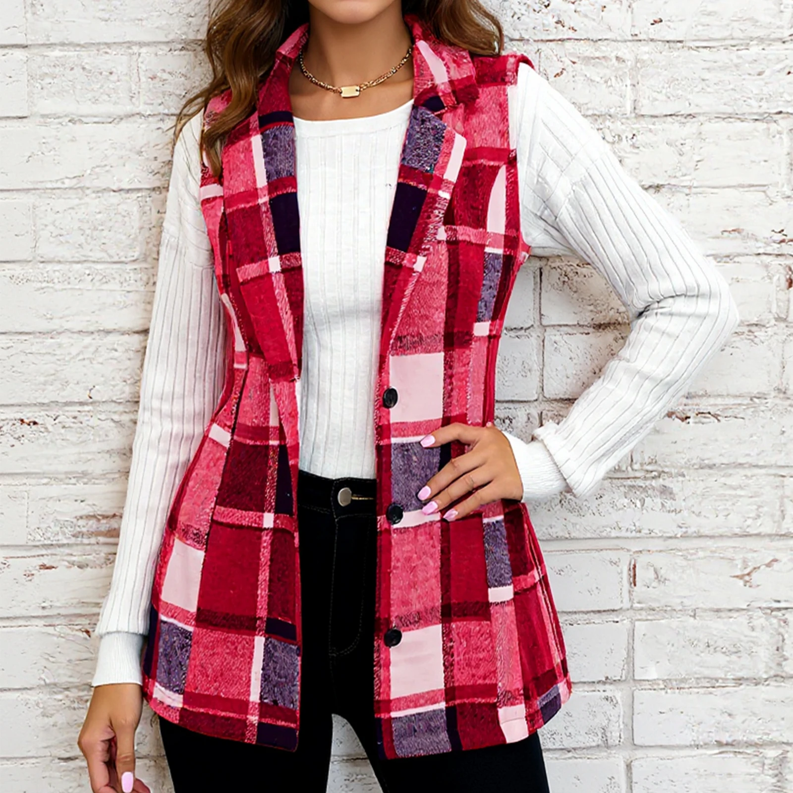 

Женский клетчатый жилет, стильный костюм с лацканами, осенне-зимний кардиган, жилет без рукавов, пальто, разноцветные топы для дома и улицы