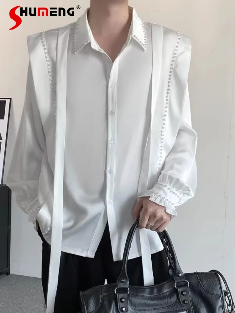 

2025 Autumn Winter New Fashion Pearl Shirts Trendy Long Sleeve Solid Color Handsome Stylish Tops Lapel Men's Breathable Shirts