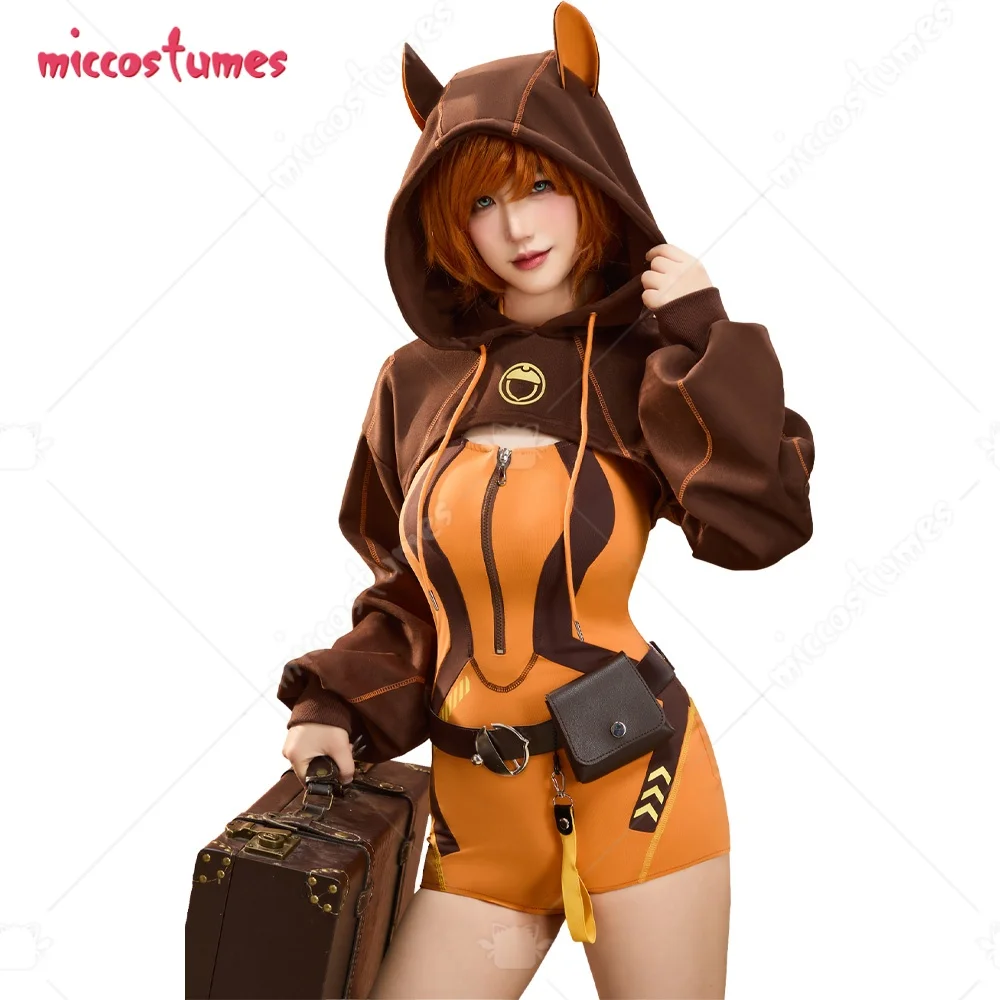 

Miccostumes Women's Costume Hero Squirrel Cosplay Halter Neck Bodysuit with Short Hoodie and Belt Set Halloween Costumes
