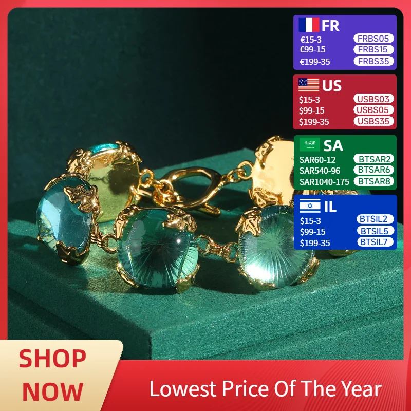

Vintage Round Transparent Cat Eye Blue Glass Charm Bracelets for Girls Gold Color Leaf Antique Jewelry New Item 2025 Trending