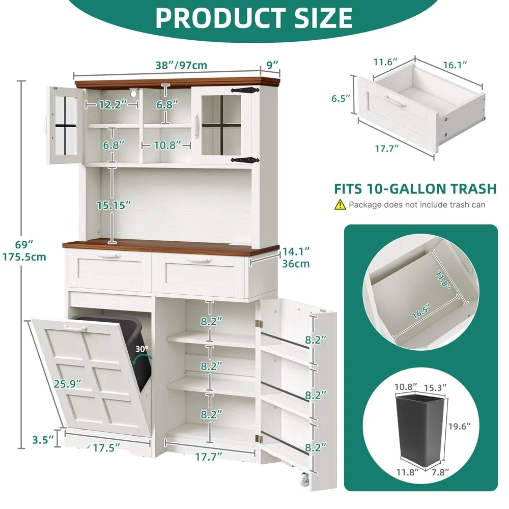 Kitchen Pantry Cabinet, 10 Gallon Tilit Out Trash Out Can, Kitchen Cabinet, Modern Cupboard 70