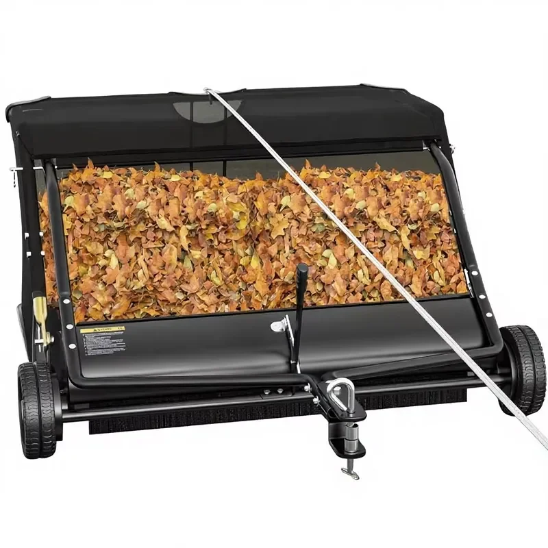 48" Pull Lawn Sweeper 25 Cu Ft Capacity Adjustable Brush Height Rope Design Black Yard
